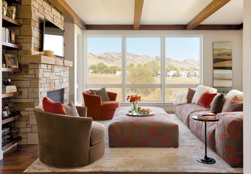 Transitional-style living room with Marvin Essential Picture windows.