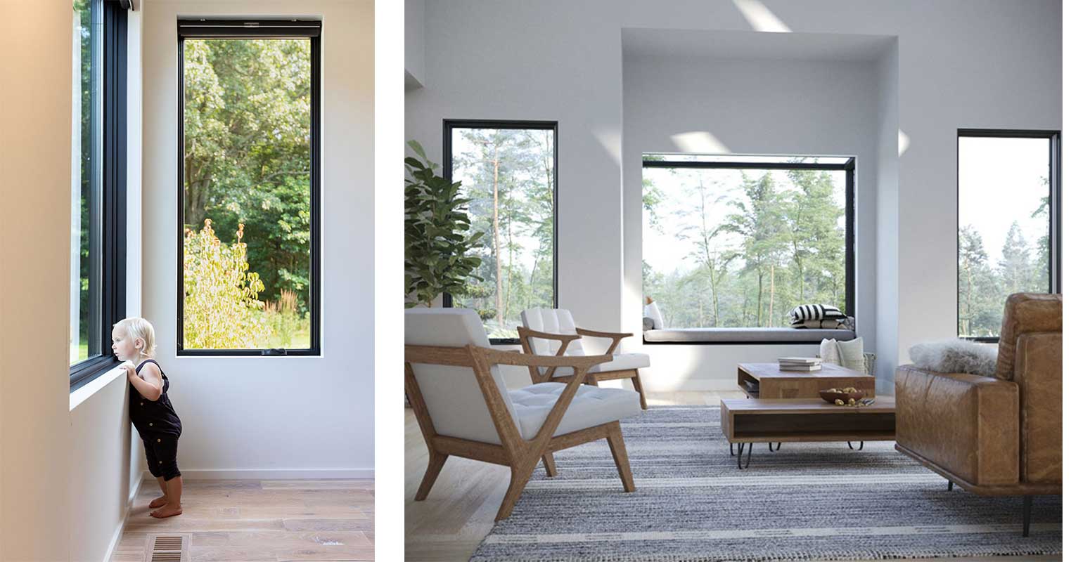 Marvin Skycove in a modern living room and A toddler looking out a Marvin Elevate casement window to a view of the outdoors.