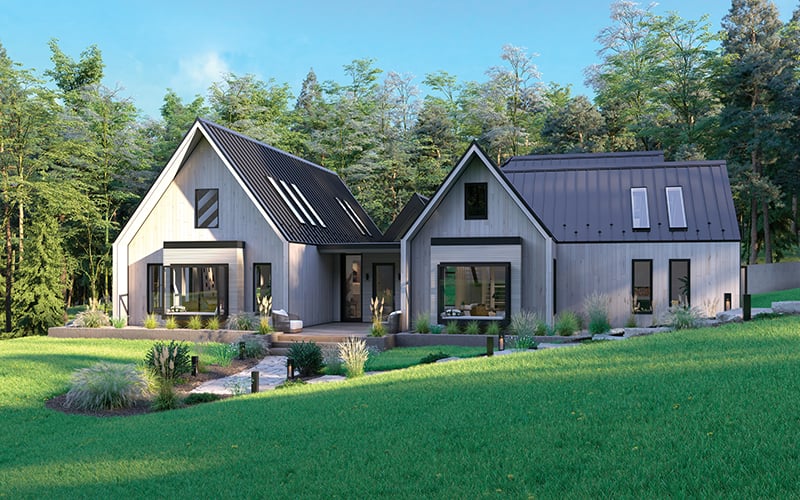 A rendering of a modern home featuring Marvin windows and doors, Marvin Awaken Skylights and Marvin Skycove.