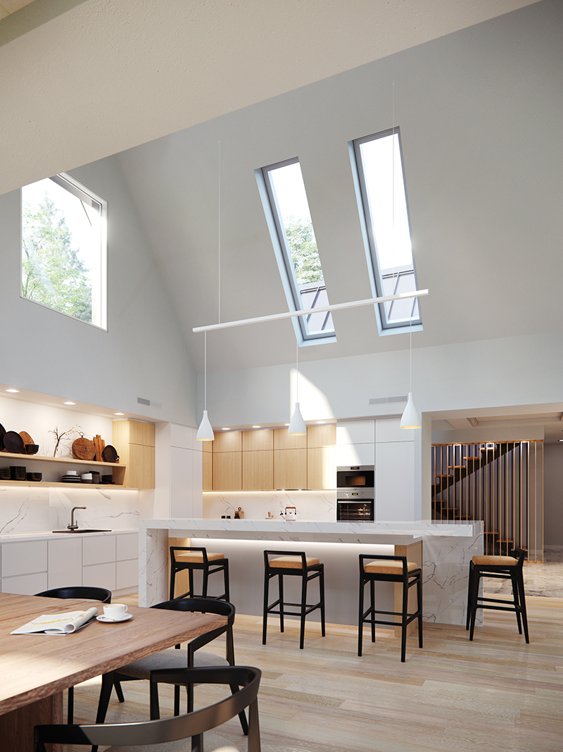 A modern kitchen featuring Marvin Awaken Skylights.
