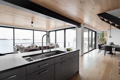 Interior of home on the water with Marvin Signature Modern Multi-Slide Door