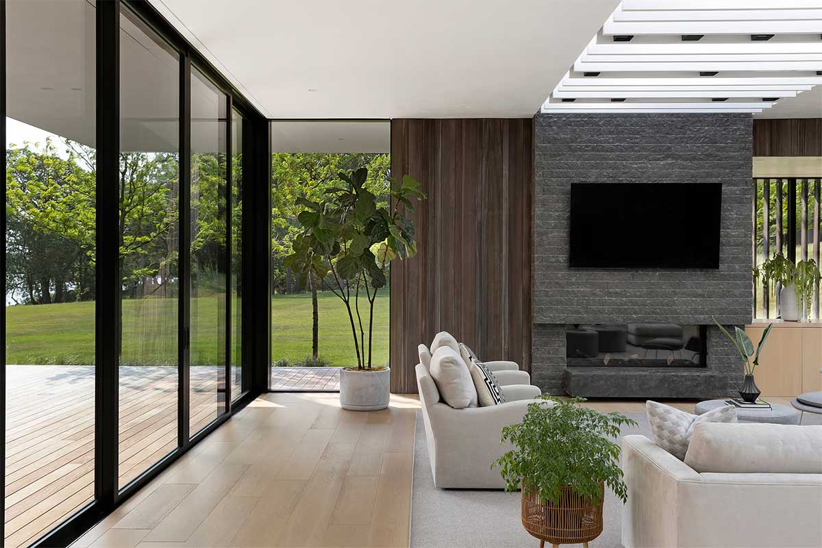 Living room with Marvin Signature Modern windows and doors