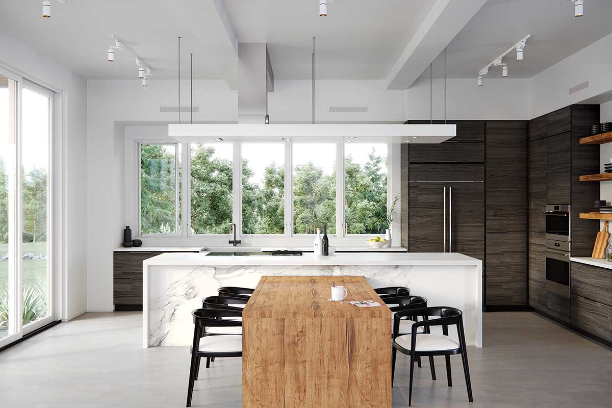 Kitchen with Marvin Signature Modern Casement windows and Multi-slide door