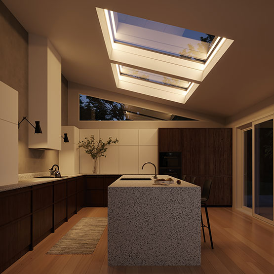 Inside of a kitchen featuring Marvin Awaken Skylight - Awarded by Good Housekeeping
