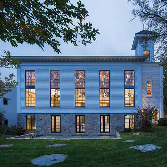 Exterior of former sanctuary that boasts 20-foot-high Marvin windows that feature portraits of artists who had a connection to Sag Harbor.