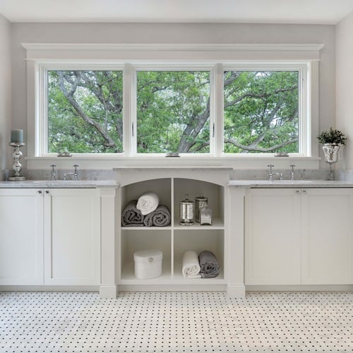 Bathroom With Marvin Elevate Casement Narrow Frame Window Above Sinks