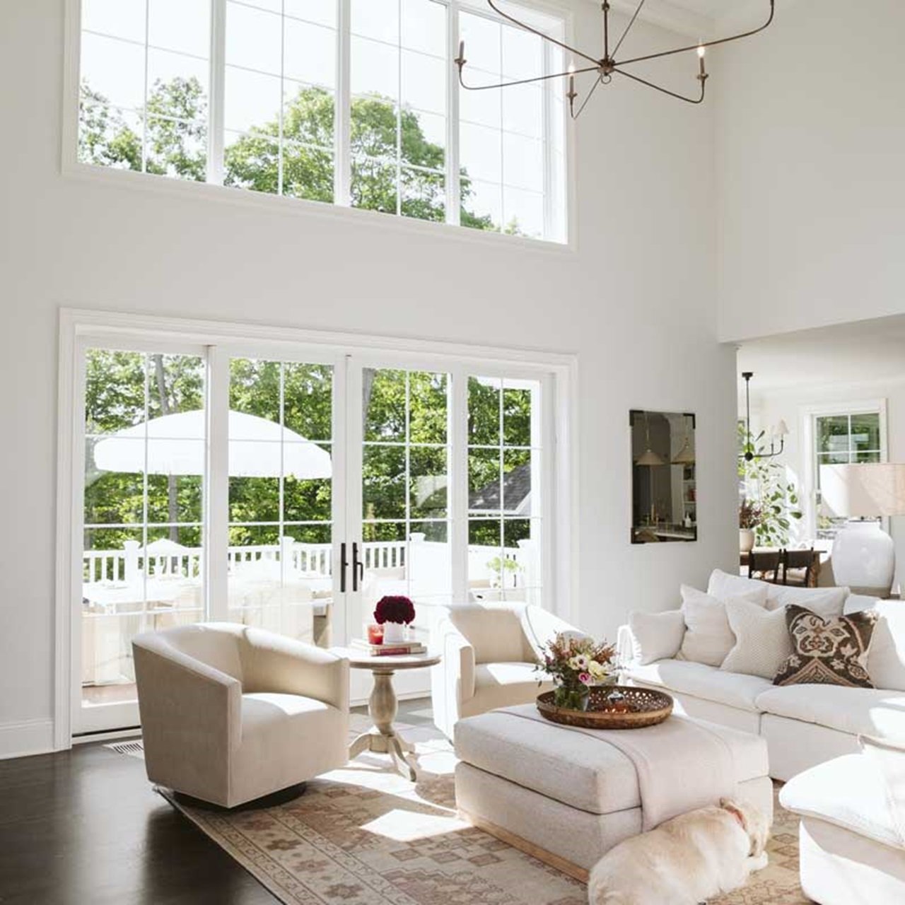 Marvin Elevate Sliding French Door in a white living room with tall ceilings