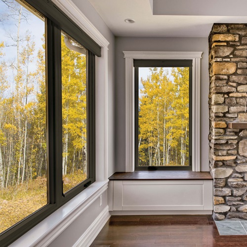 Stone Fireplace In Living Room With Marvin Essential Casement Window
