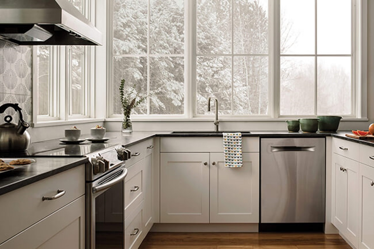 Large White Kitchen With Marvin Elevate Picture Windows