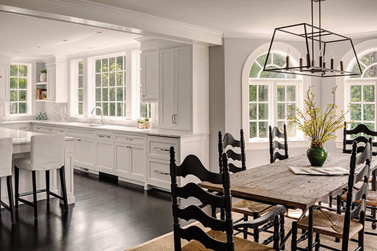 Spacious White Kitchen With Marvin Elevate Round Top Windows