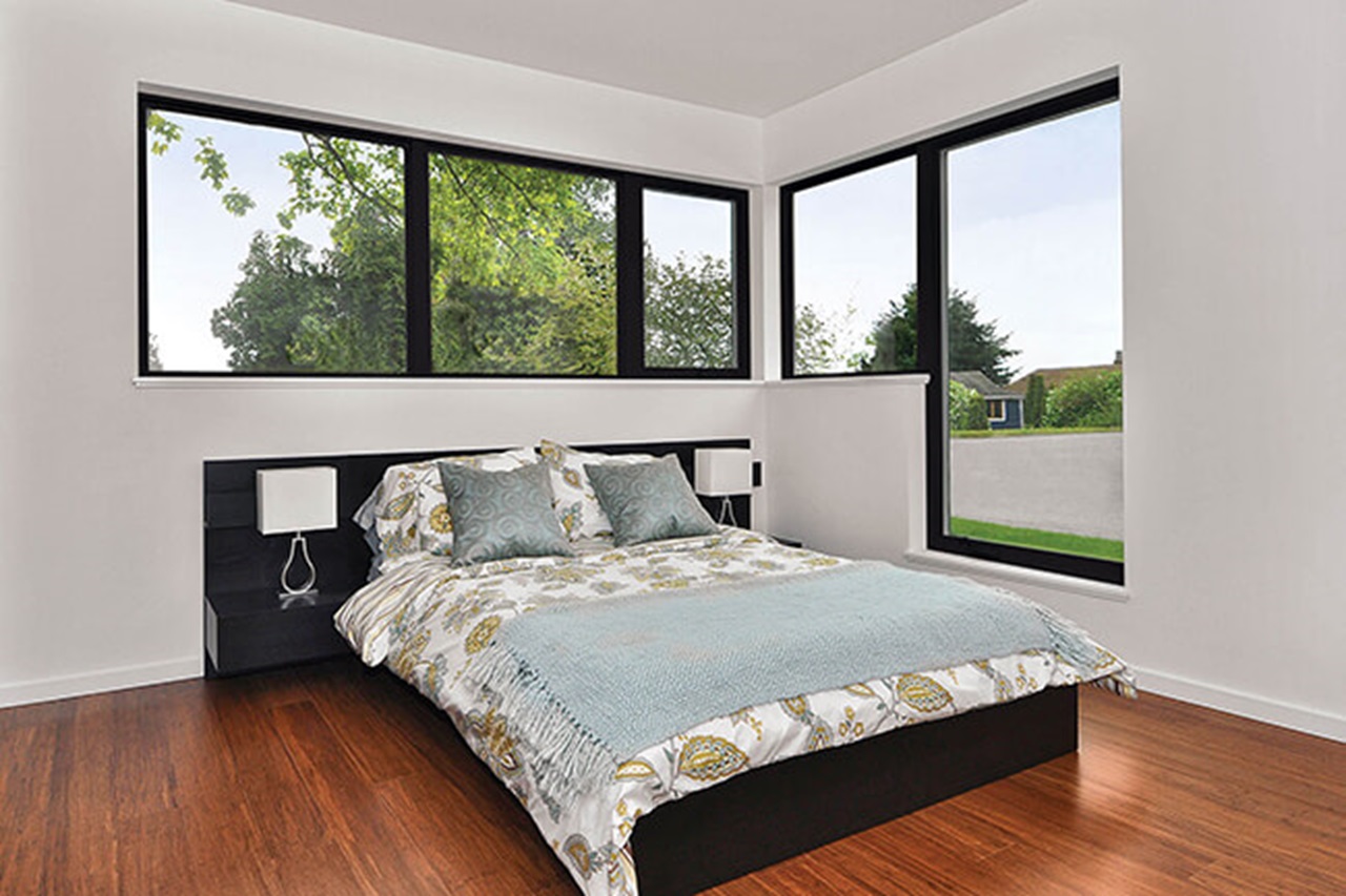 Bedroom With Marvin Essential Picture Windows In Ebony