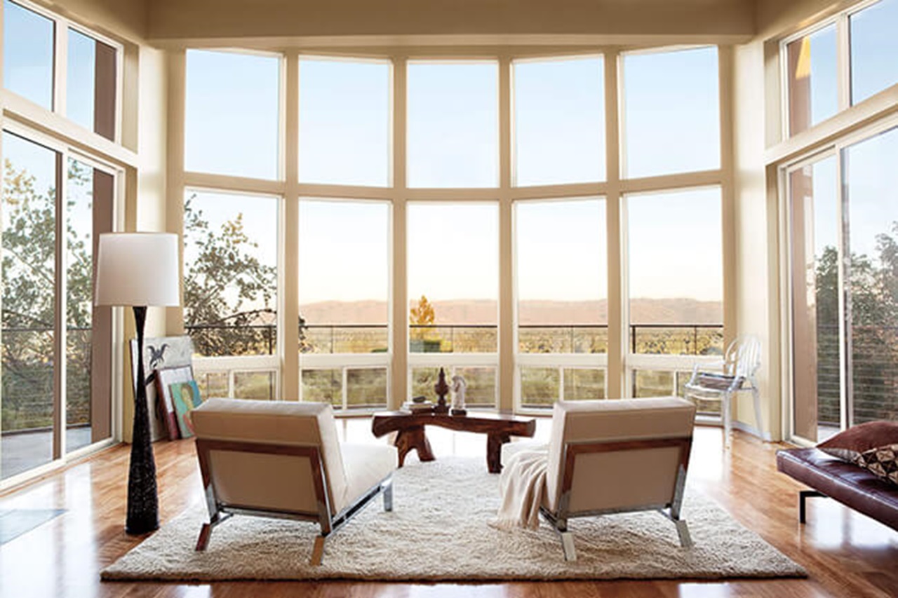 Warm Living Room With Marvin Essential Specialty Shapes Windows
