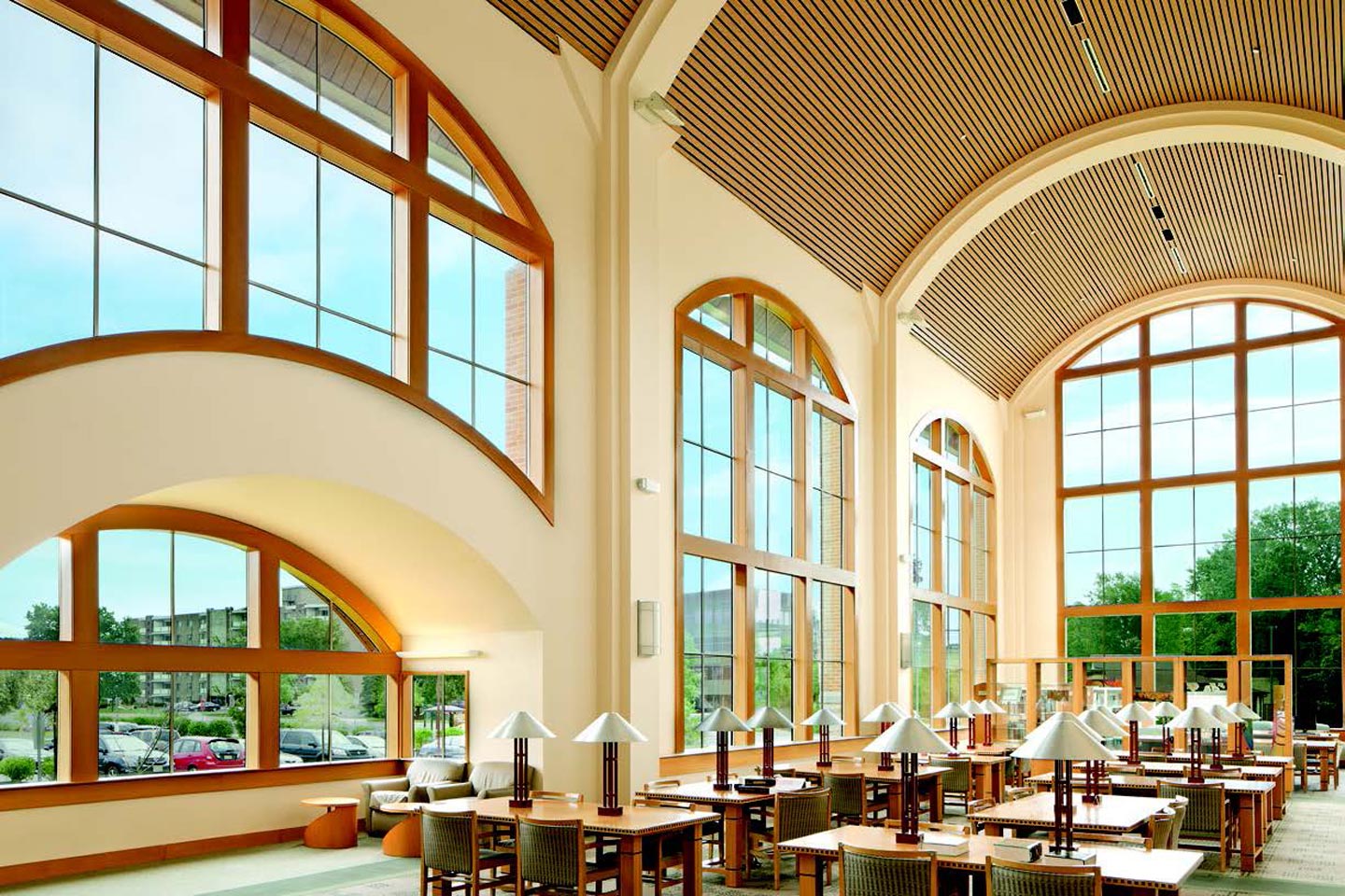 Interior of Cherry Hill Public Library in Cherry Hill, New Jersey, featuring Marvin Ultimate Specialty Shapes and Direct Glaze Picture windows. 