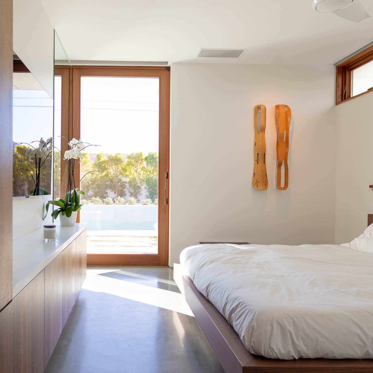 A bedroom in the Axiom Desert House in Palm Springs, California.