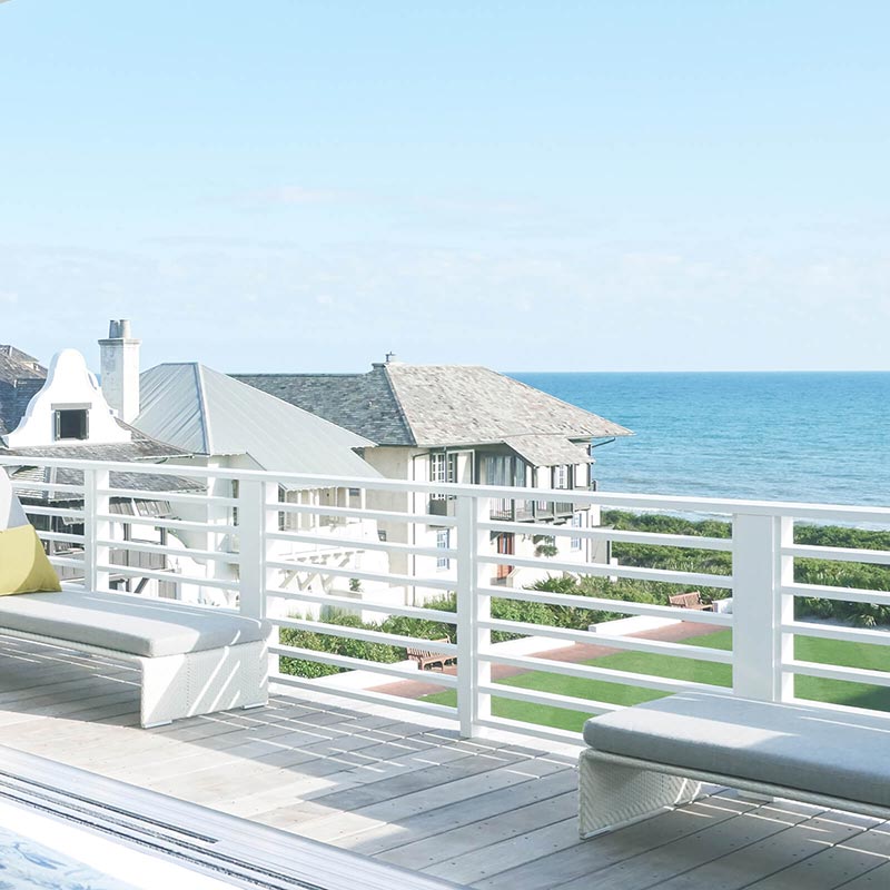 A deck overlooking the ocean at Vern Yip’s Rosemary Beach home.