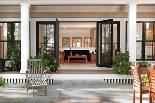Patio And Exterior View Of Home With Open Marvin Swinging French Door