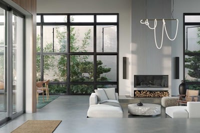 Living room with Marvin Signature Modern Casement windows and Awning windows