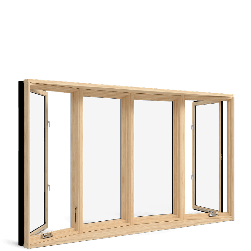 Angled view of an opened four-wide Marvin Elevate casement bow window.