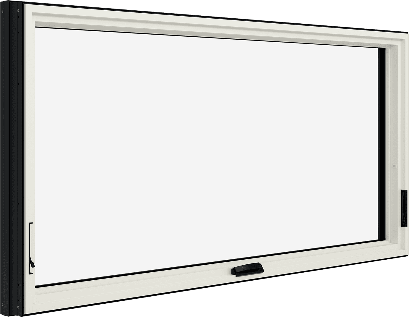 Angled interior view of a white Marvin Modern Awning window.