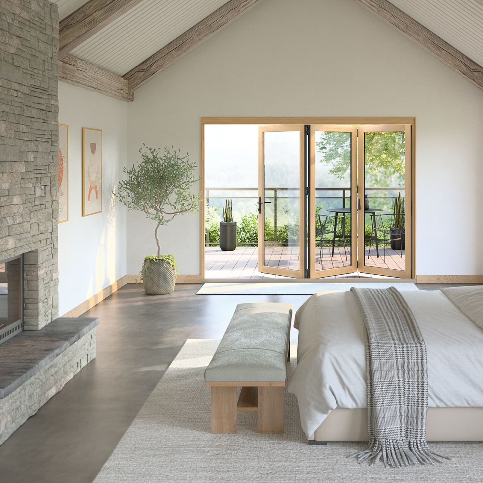 White bedroom interior with an opened three-panel Marvin Elevate Bi-Fold Door.