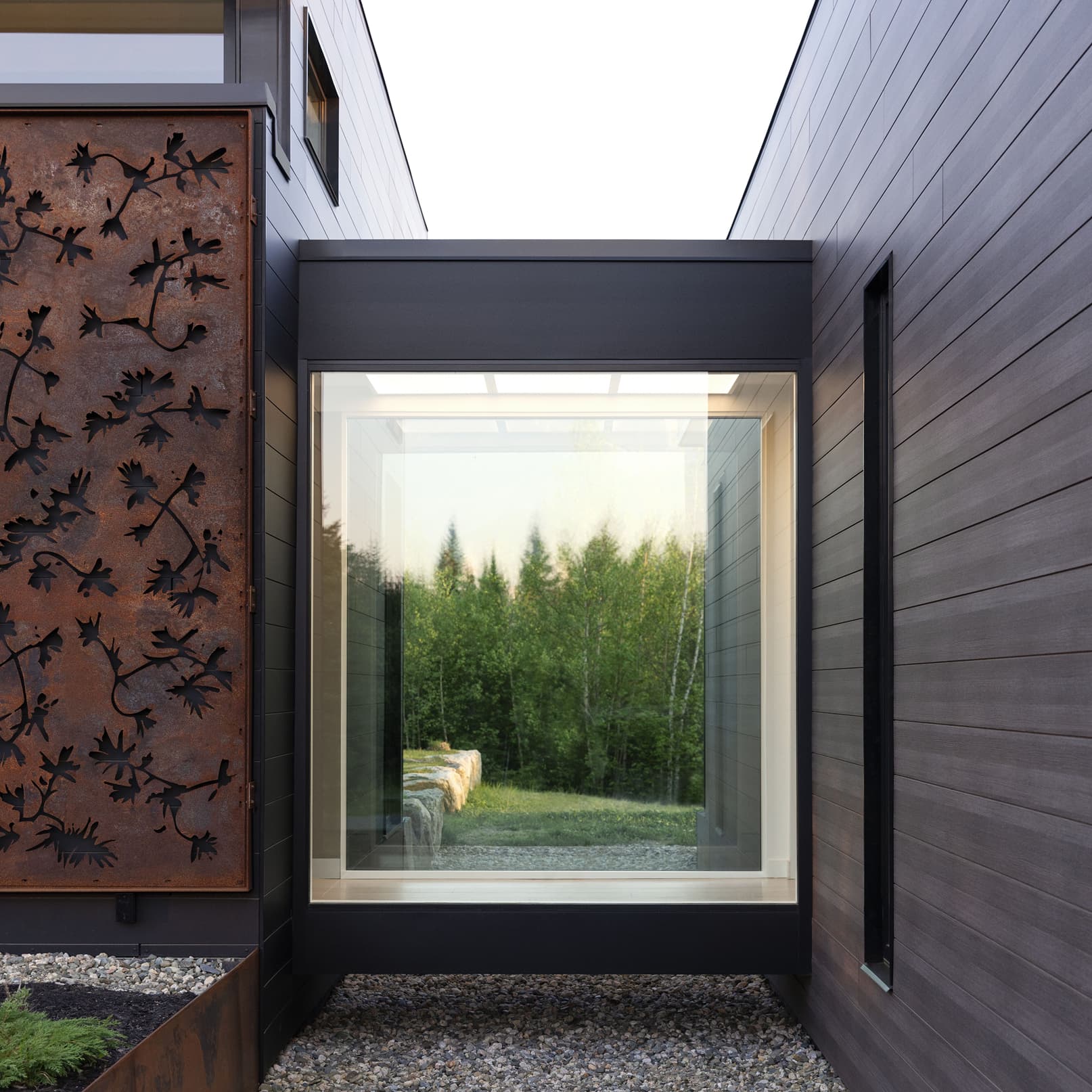 Modern home exterior walkway with large black Marvin Modern Direct Glaze windows with pine trees in the background.