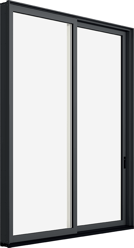 Angled exterior view of a black Marvin Modern Sliding patio door.
