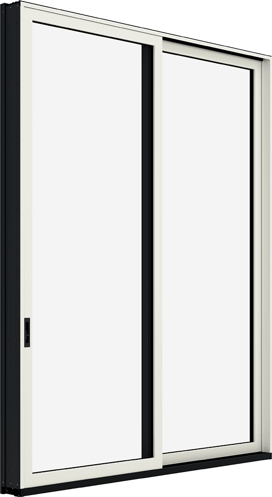 Angled interior view of a white Marvin Modern Sliding patio door.