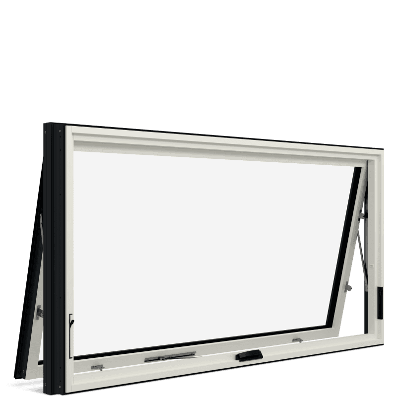 Angled view of a white opened Marvin Modern Awning window.
