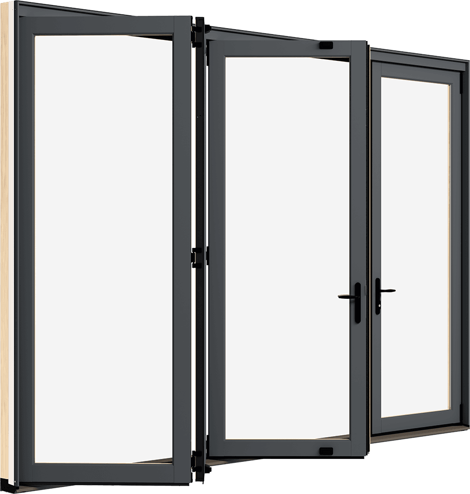 A product photo of a Marvin Elevate Bi-Fold door, open, exterior view.
