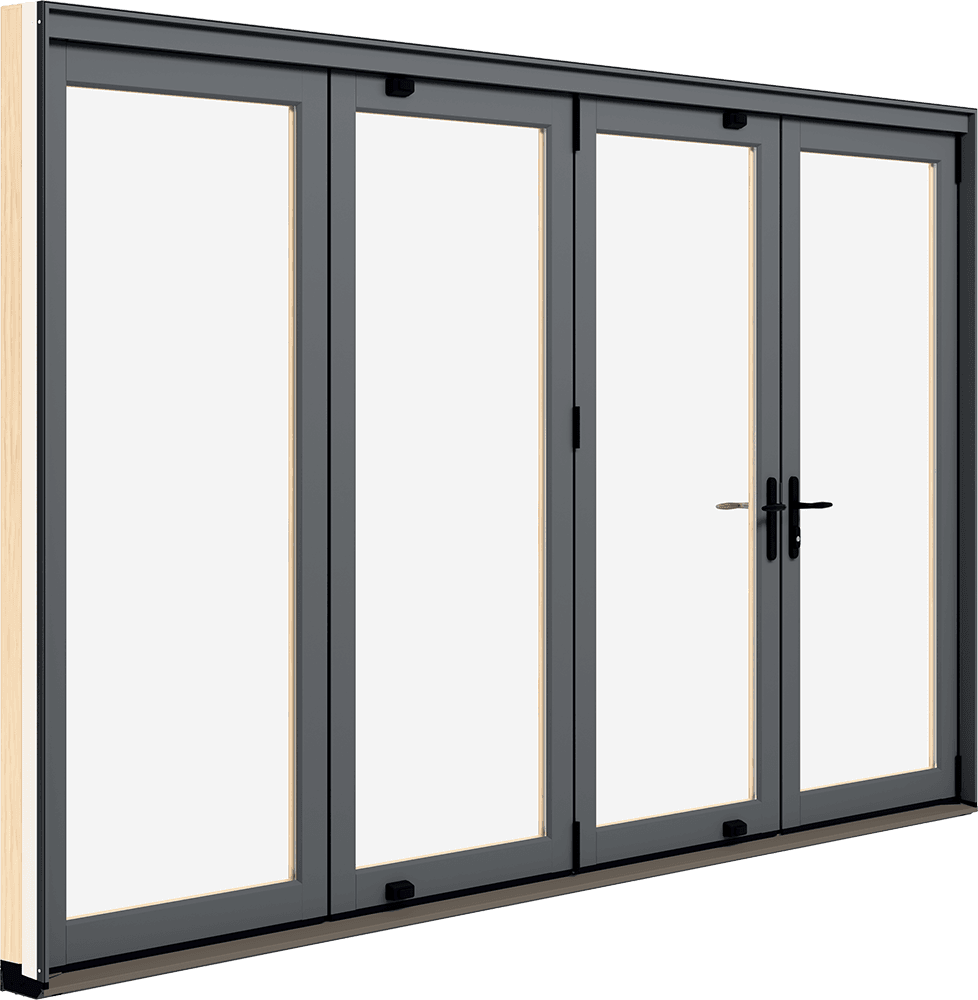 A product photo of a Marvin Elevate Bi-Fold door, closed, exterior view.